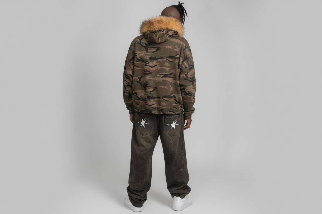 Stolo Clothing Co STARCHILD X WORLD WIDE AMERICA PRINT Unisex Heavyweight Camo Detachable Fur Double Zip-Up Hoodie (400GSM)