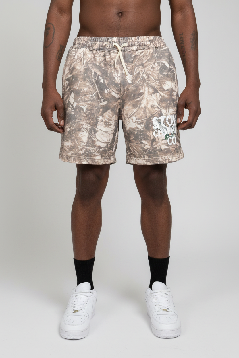 Stolo Clothing Co Birdies Tree Print Camo French Terry Cotton Shorts
