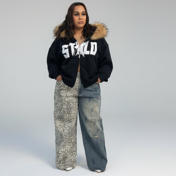 Stolo Clothing Co STARCHILD Back Print Half Leopard Print Half Faded Blue Distressed Baggy Denim Jeans