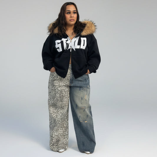 Stolo Clothing Co Half Leopard Print x STARCHILD Back Print Distressed Baggy Denim Jeans