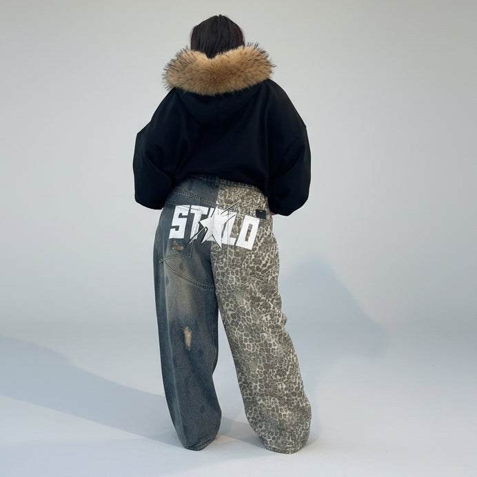 Stolo Clothing Co STARCHILD Back Print Half Leopard Print Half Faded Blue Distressed Baggy Denim Jeans
