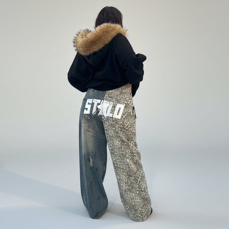 Stolo Clothing Co STARCHILD Back Print Half Leopard Print Half Faded Blue Distressed Baggy Denim Jeans