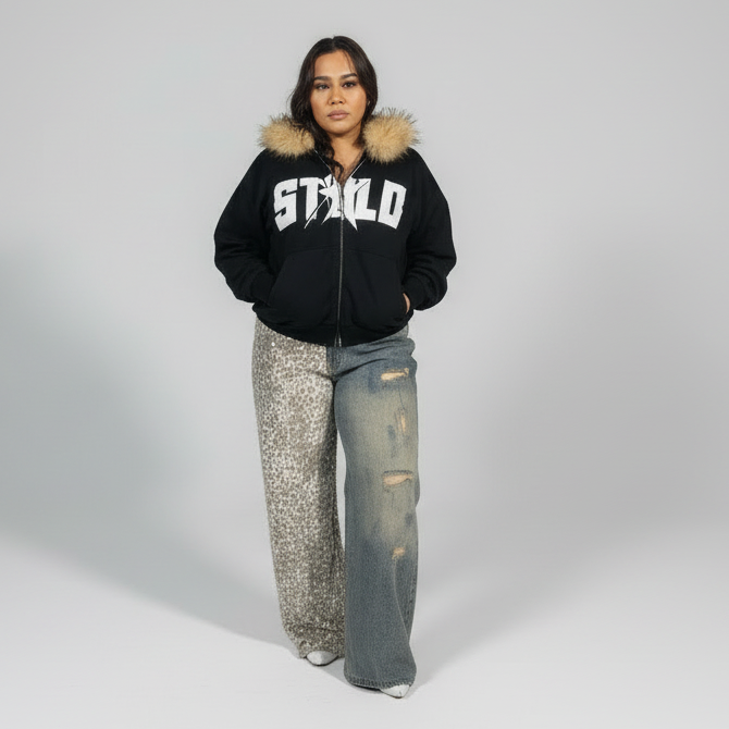 Stolo Clothing Co STARCHILD Back Print Half Leopard Print Half Faded Blue Distressed Baggy Denim Jeans