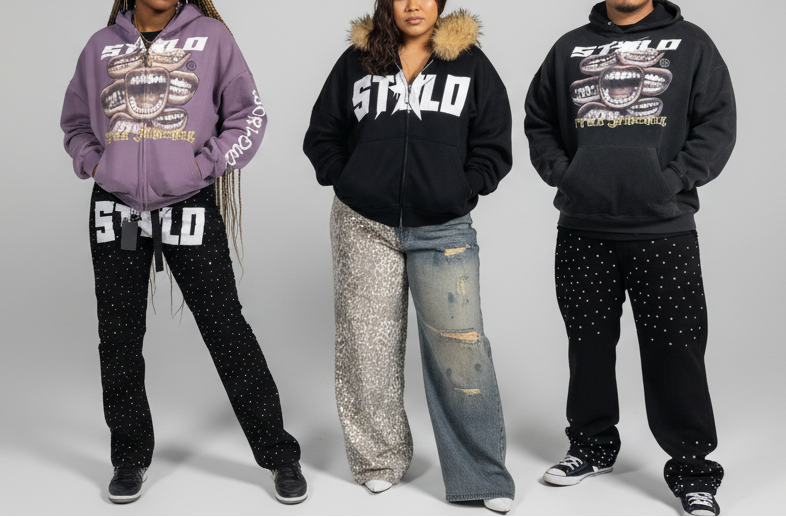 Stolo Clothing Co STARCHILD Back Print Half Leopard Print Half Faded Blue Distressed Baggy Denim Jeans