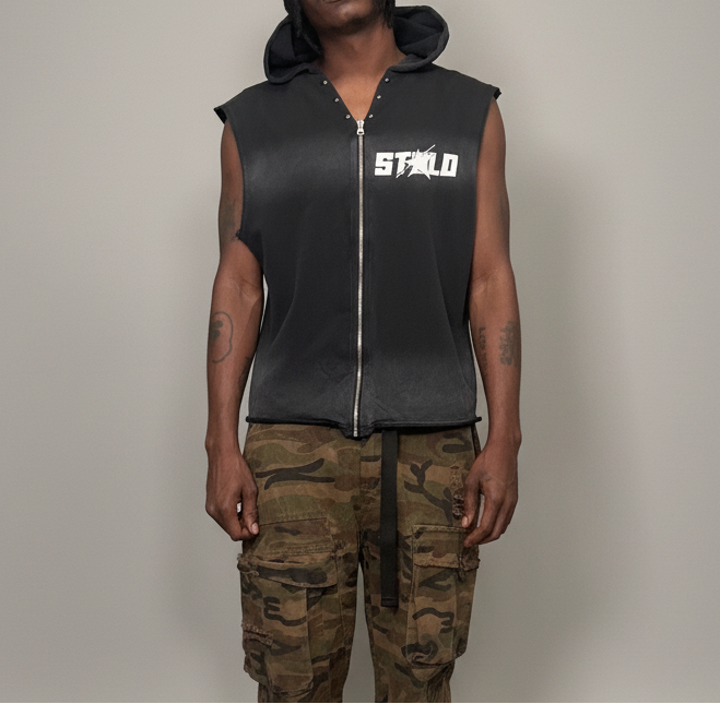 Stolo Clothing Co STARCHILD Studded Vintage Washed Sleeveless Zip Up Hoodie