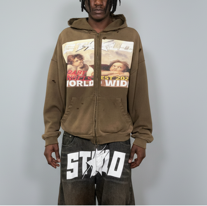 Limited Edition Stolo Clothing Co BABY ANGELS Hand-Frayed Sun Faded Double Zip Up Hoodie