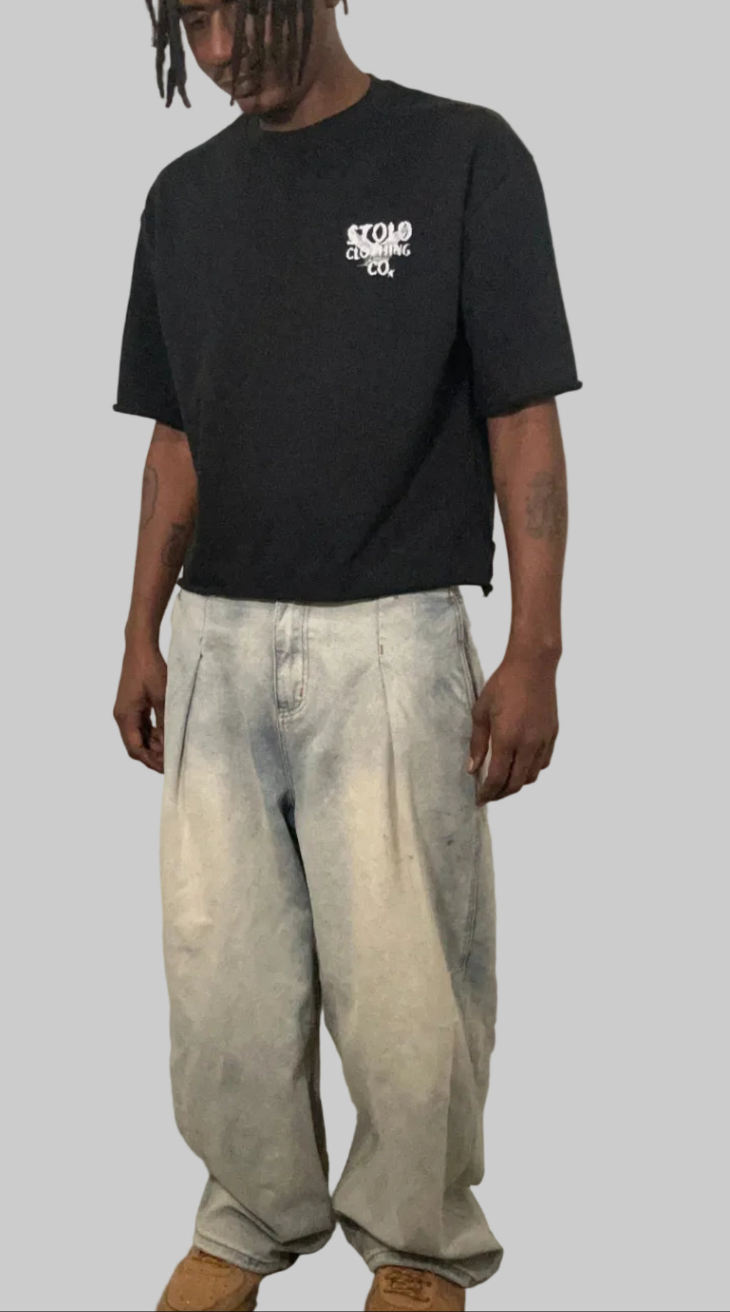 Stolo Clothing Co Birdies Minimalistic Frayed-Sleeve Raw-Edge Boxy Tee