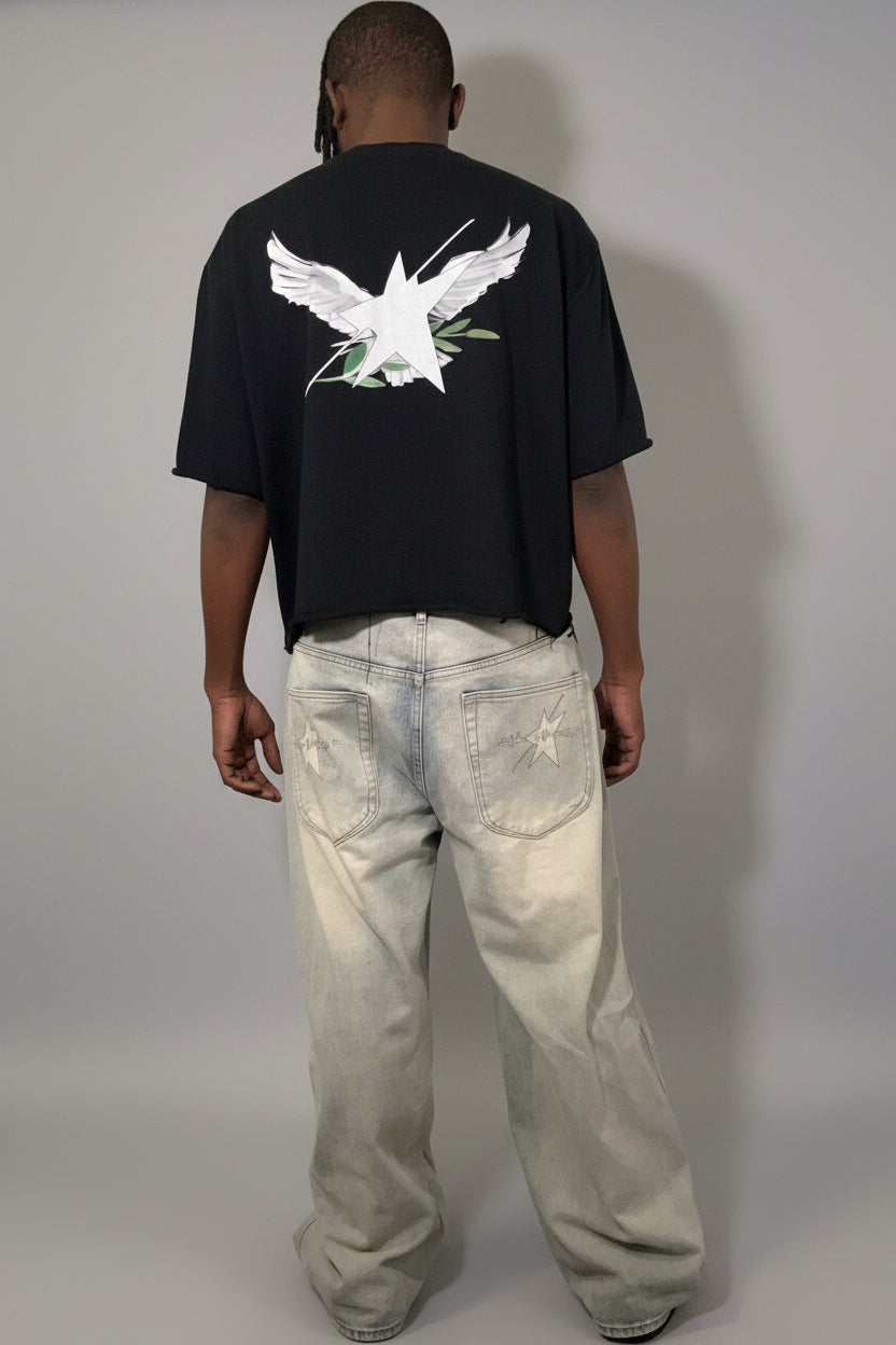 Stolo Clothing Co Birdies Minimalistic Frayed-Sleeve Raw-Edge Boxy Tee