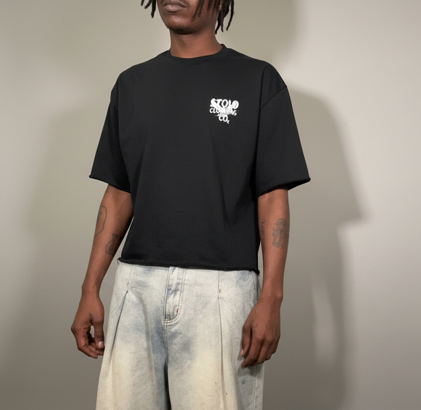 Stolo Clothing Co Birdies Minimalistic Frayed-Sleeve Raw-Edge Boxy Tee