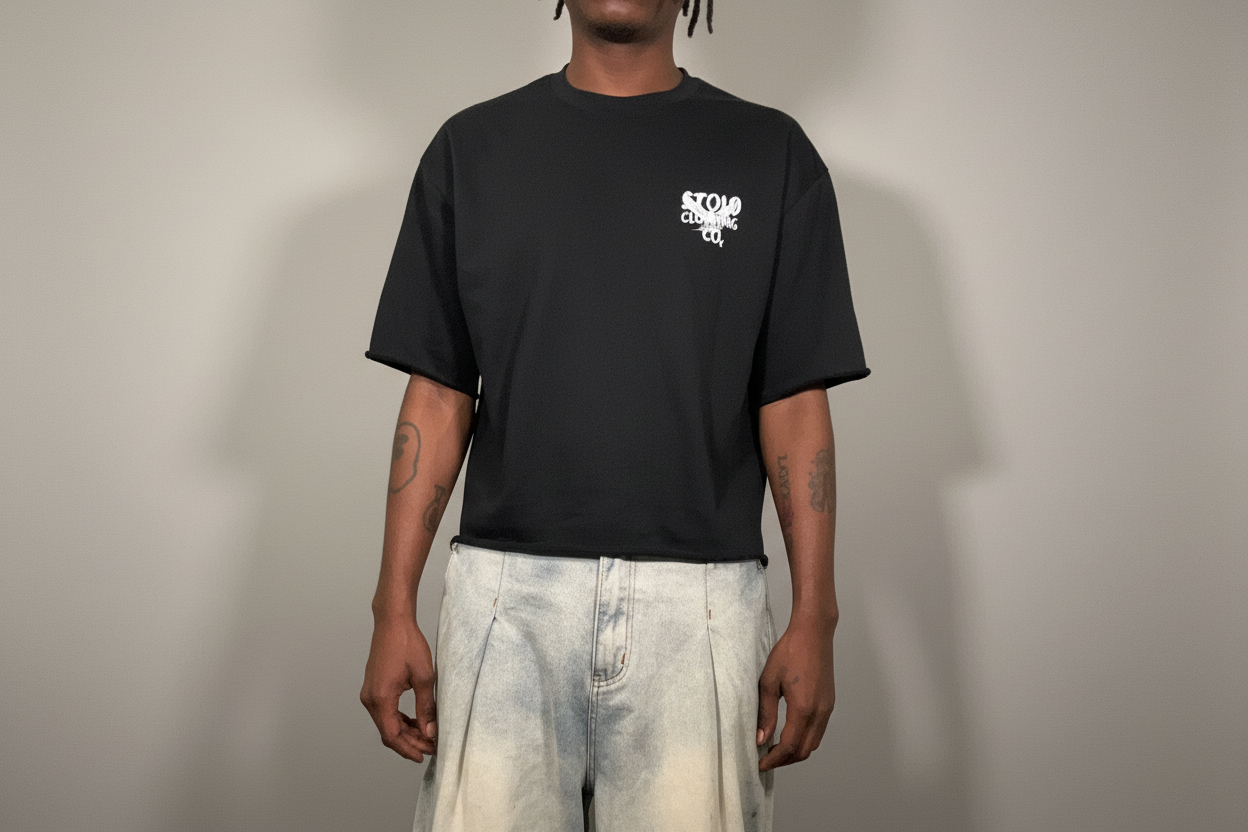 Stolo Clothing Co Birdies Minimalistic Frayed-Sleeve Raw-Edge Boxy Tee