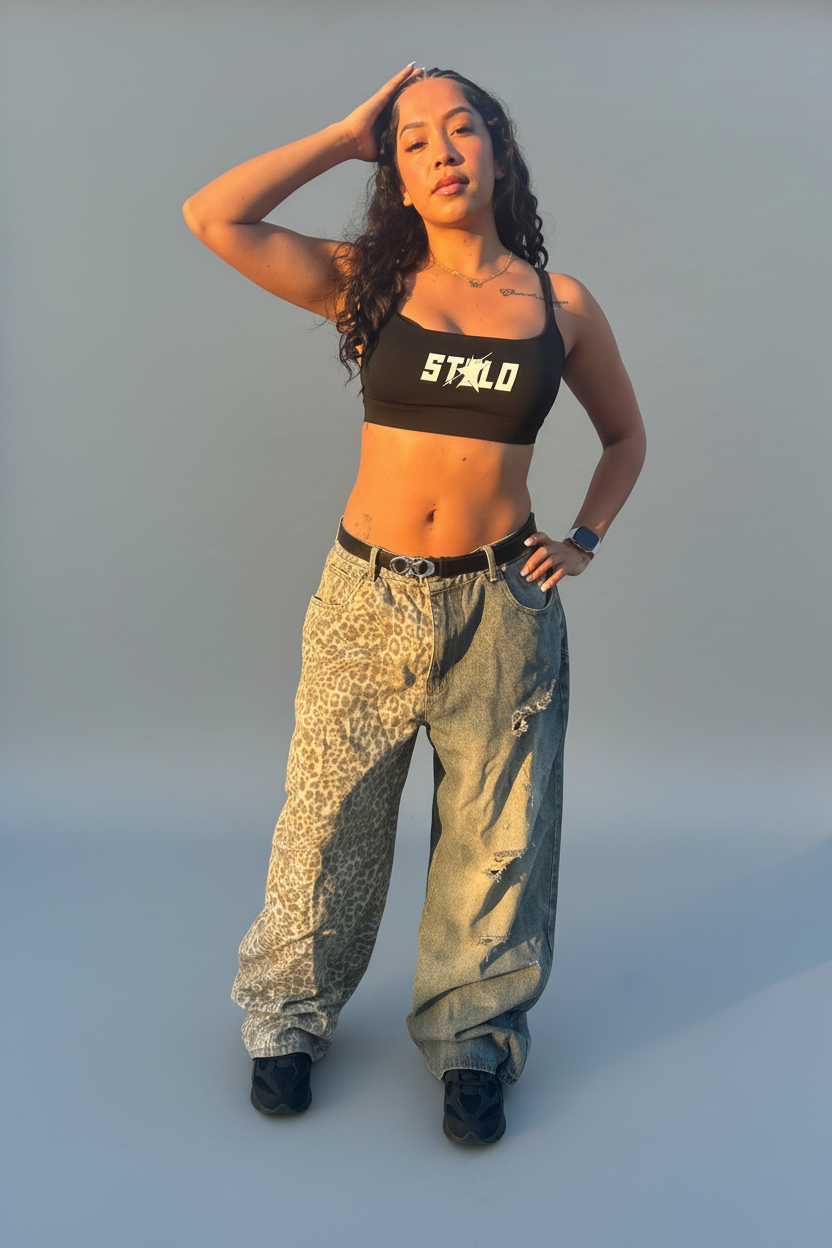 Stolo Clothing Co STARCHILD Half Leopard Print Blue Distressed Baggy Denim Jeans