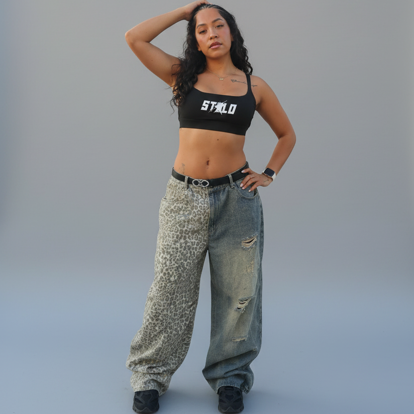 Stolo Clothing Co STARCHILD Half Leopard Print Blue Distressed Baggy Denim Jeans