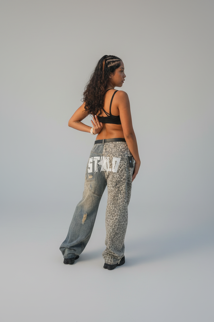 Stolo Clothing Co STARCHILD Half Leopard Print Blue Distressed Baggy Denim Jeans