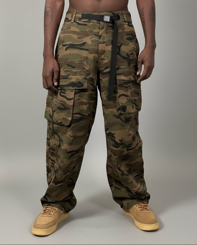 Stolo Clothing Co Essential Unisex Camouflage Distressed Baggy Cargo Pants w/ Belt