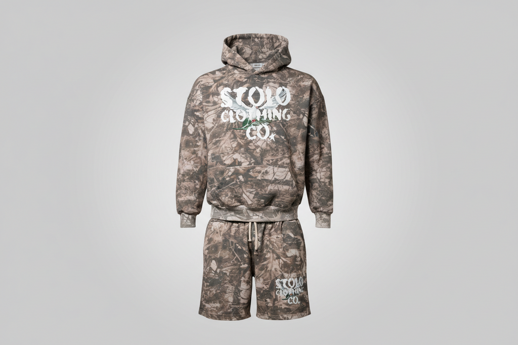Stolo Clothing Co Birdies Tree Print Camo French Terry Cotton Shorts