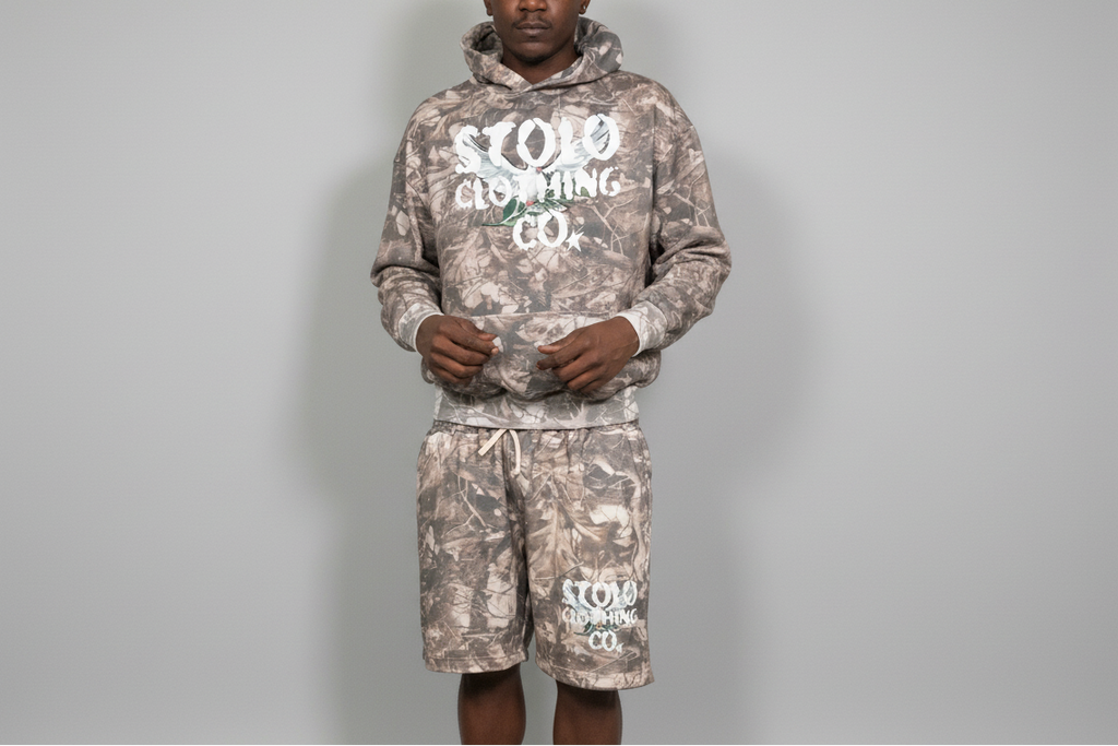 Stolo Clothing Co Birdies Tree Print Camo Heavyweight Cropped French Terry Hoodie