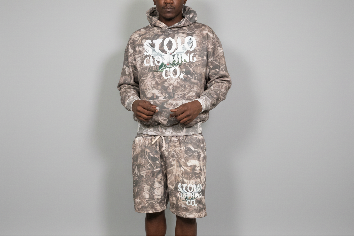 Stolo Clothing Co Birdies Tree Print Camo Heavyweight Cropped French Terry Hoodie
