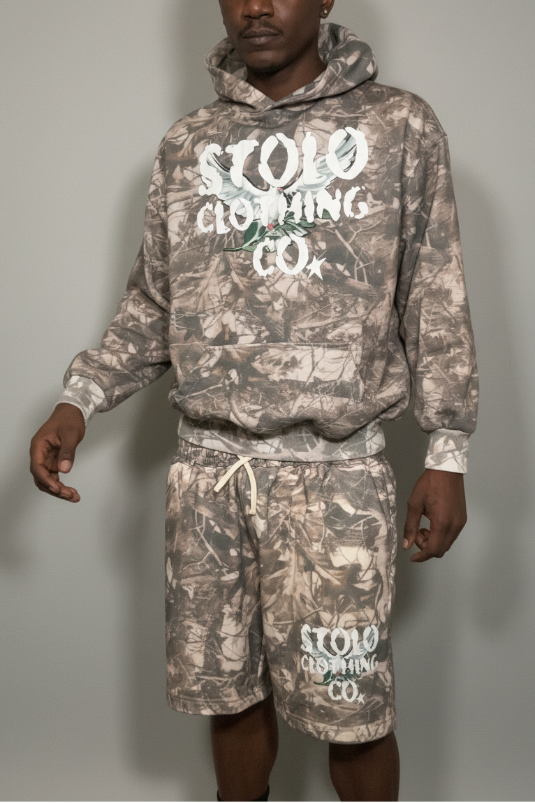 Stolo Clothing Co Birdies Tree Print Camo French Terry Cotton Shorts