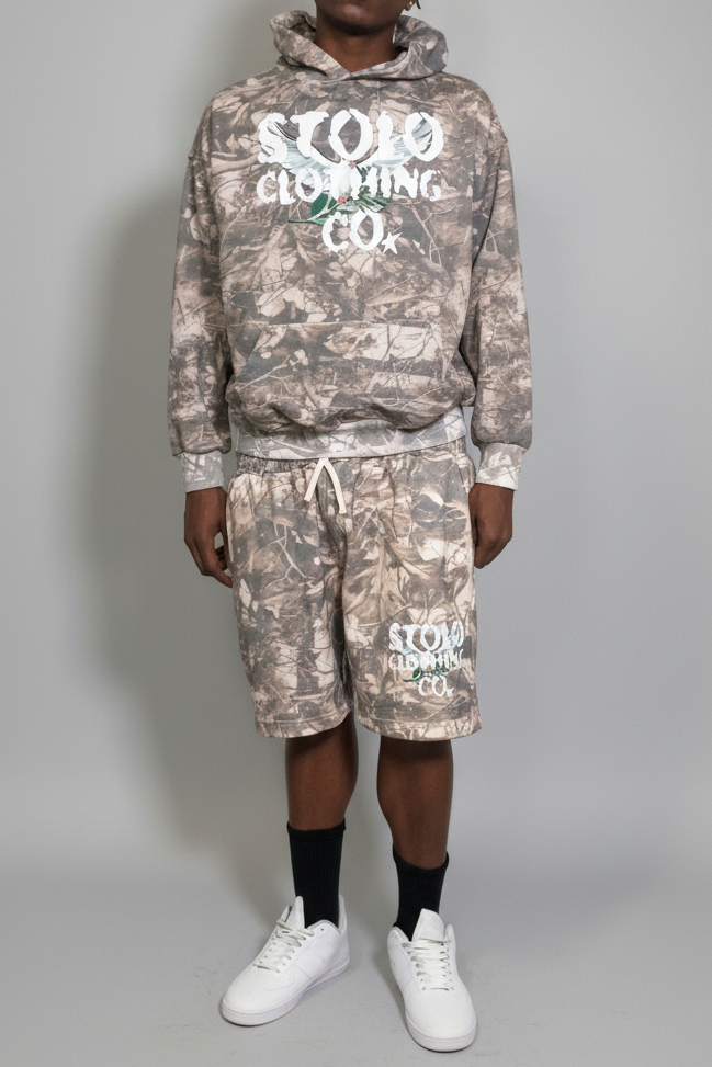 Stolo Clothing Co Birdies Tree Print Camo French Terry Cotton Shorts