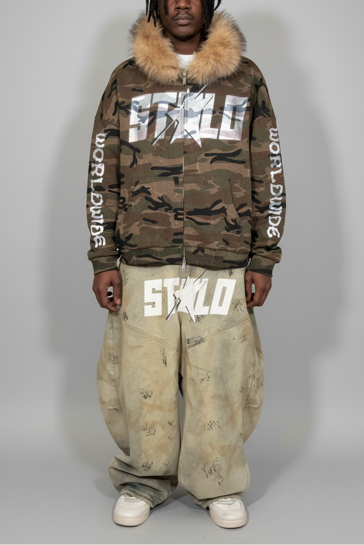 Stolo Clothing Co STARCHILD X WORLD WIDE AMERICA PRINT Unisex Heavyweight Camo Detachable Fur Double Zip-Up Hoodie (400GSM)