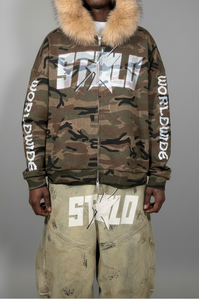 Stolo Clothing Co STARCHILD X WORLD WIDE AMERICA PRINT Unisex Heavyweight Camo Detachable Fur Double Zip-Up Hoodie (400GSM)