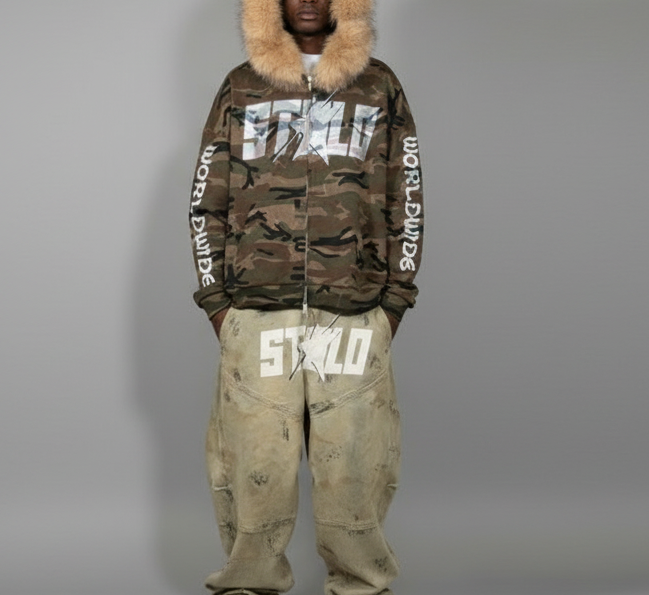 Stolo Clothing Co STARCHILD X WORLD WIDE AMERICA PRINT Unisex Heavyweight Camo Detachable Fur Double Zip-Up Hoodie (400GSM)