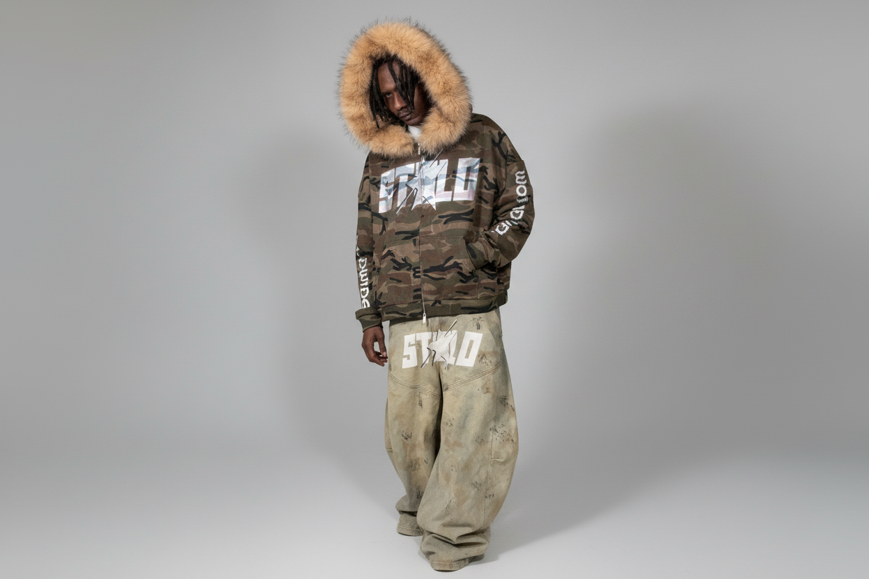 Stolo Clothing Co STARCHILD X WORLD WIDE AMERICA PRINT Unisex Heavyweight Camo Detachable Fur Double Zip-Up Hoodie (400GSM)