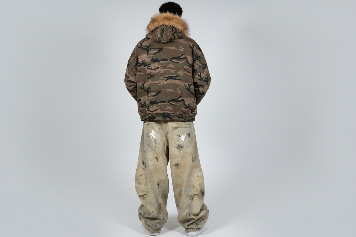 Stolo Clothing Co STARCHILD X WORLD WIDE AMERICA PRINT Unisex Heavyweight Camo Detachable Fur Double Zip-Up Hoodie (400GSM)