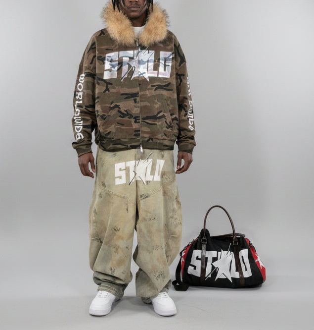 Stolo Clothing Co STARCHILD X WORLD WIDE AMERICA PRINT Unisex Heavyweight Camo Detachable Fur Double Zip-Up Hoodie (400GSM)