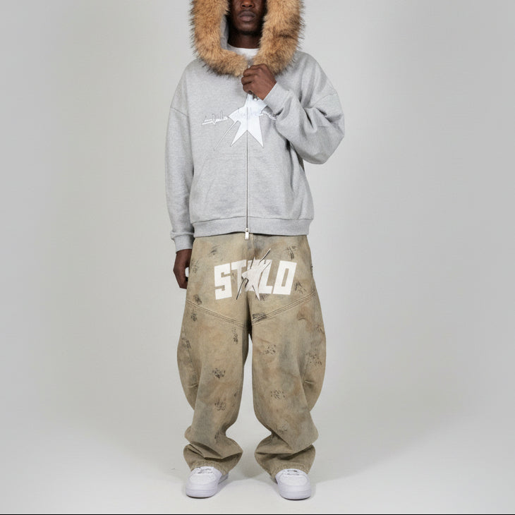 Stolo Clothing Co LOGO Grey Detectable Fur Double Zip-Up Hoodie（400GSM)