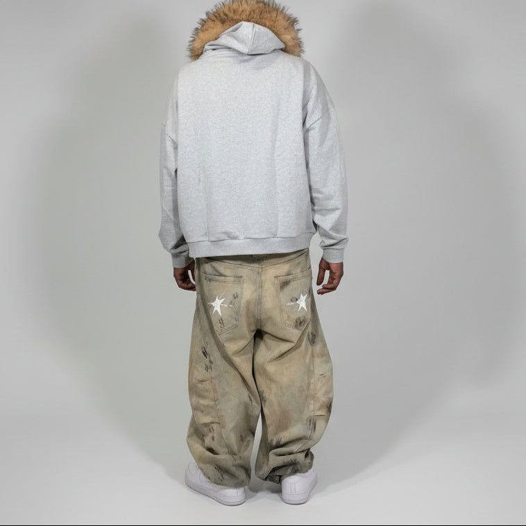 Stolo Clothing Co LOGO Grey Detectable Fur Double Zip-Up Hoodie（400GSM)