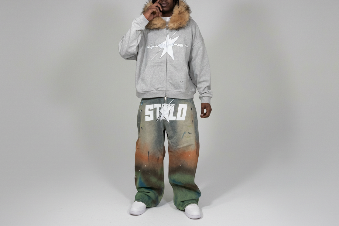 Stolo Clothing Co LOGO Grey Detectable Fur Double Zip-Up Hoodie（400GSM)