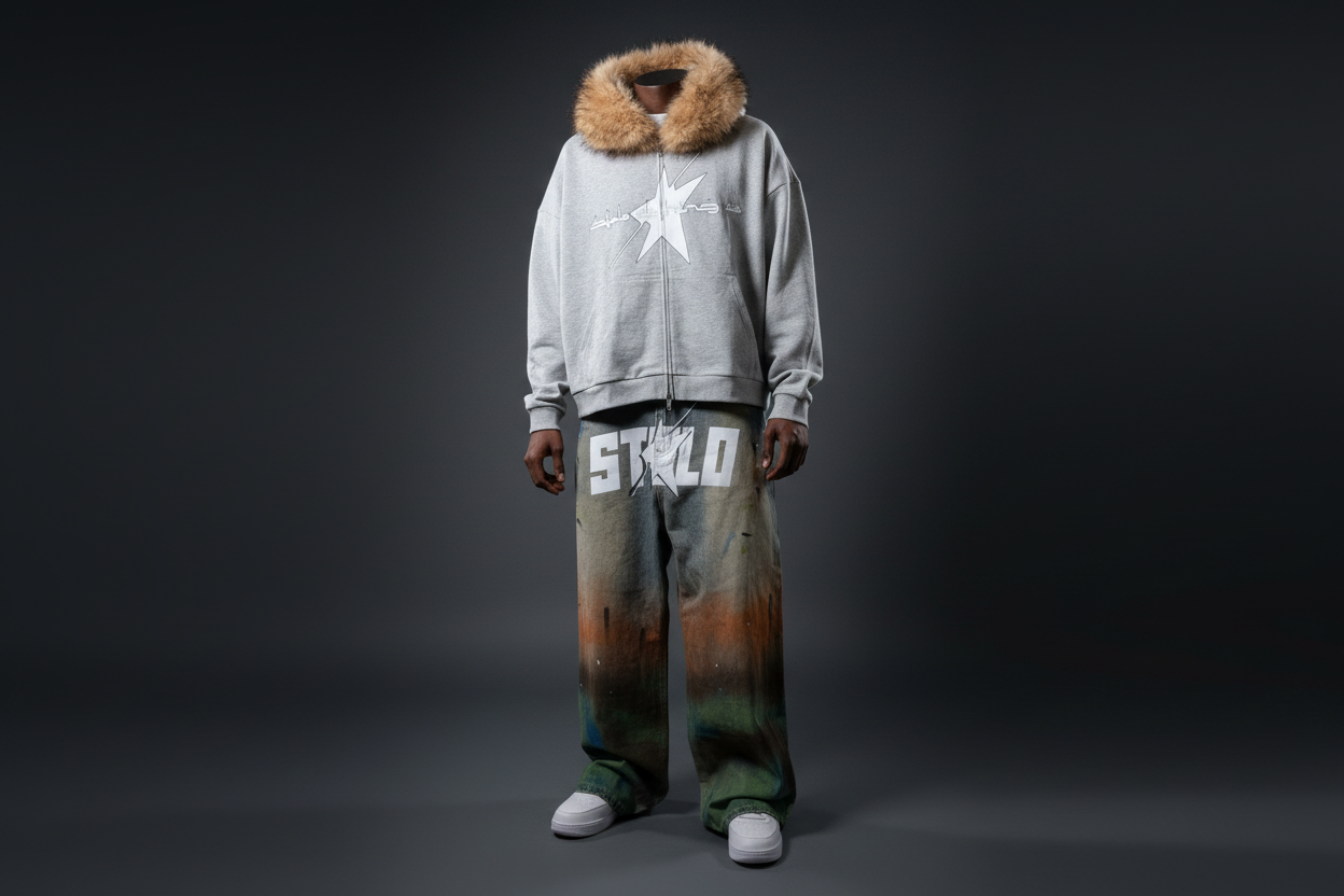 Stolo Clothing Co LOGO Grey Detectable Fur Double Zip-Up Hoodie（400GSM)