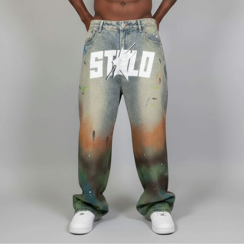 Stolo Clothing Co STARCHILD 1 Of 1 Hand Painted-Splatter Distressed Unisex Baggy Denim Jeans