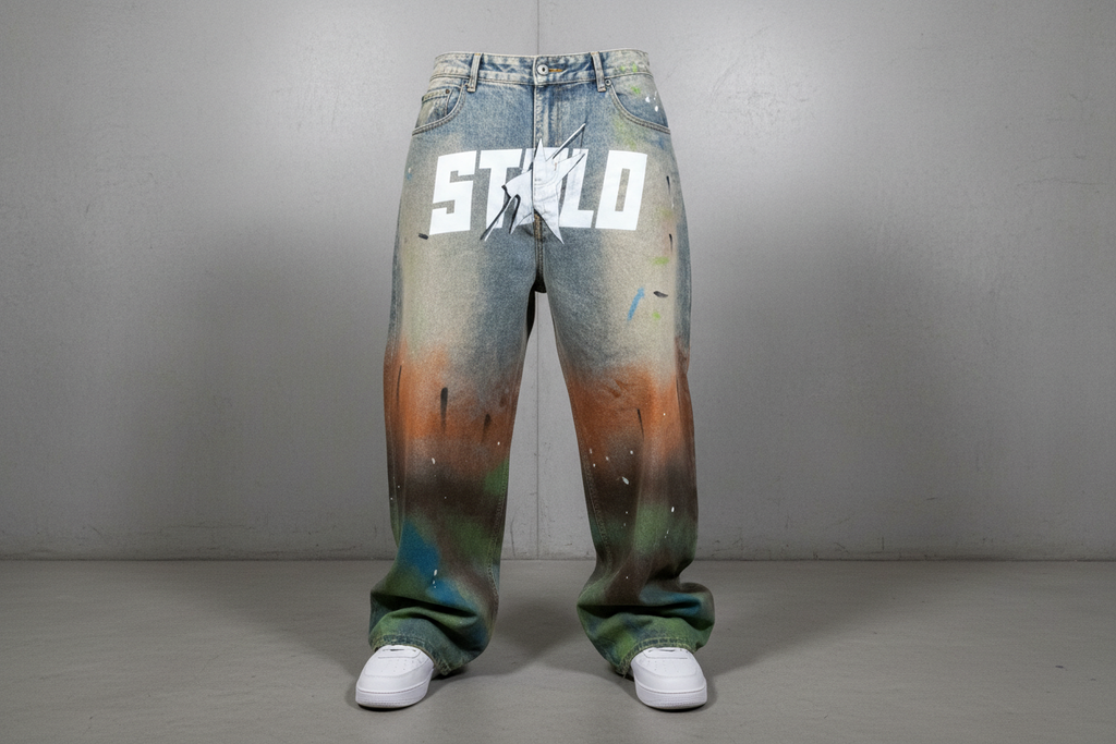 Stolo Clothing Co STARCHILD 1 Of 1 Hand Painted-Splatter Distressed Unisex Baggy Denim Jeans