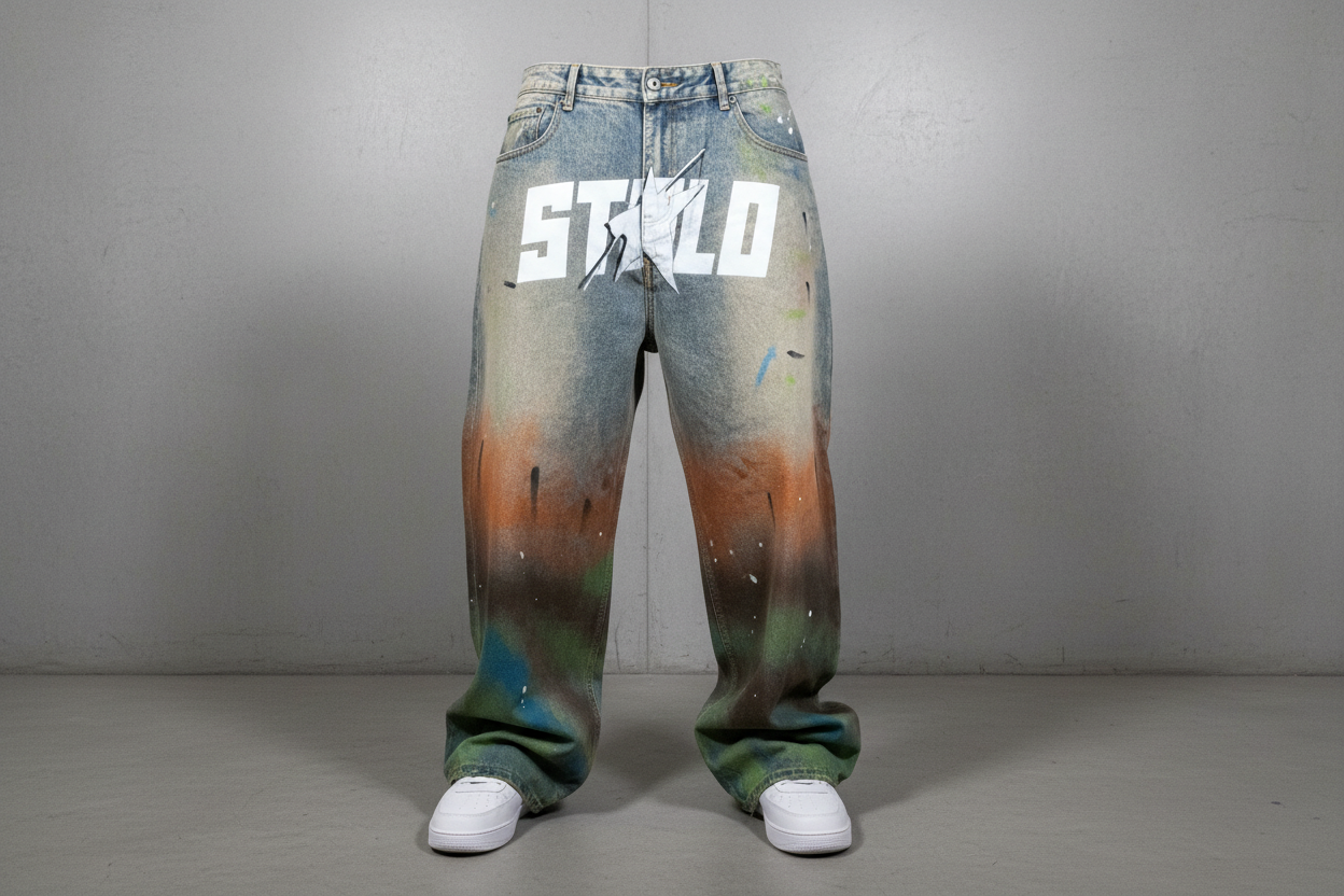 Stolo Clothing Co STARCHILD 1 Of 1 Hand Painted-Splatter Distressed Unisex Baggy Denim Jeans