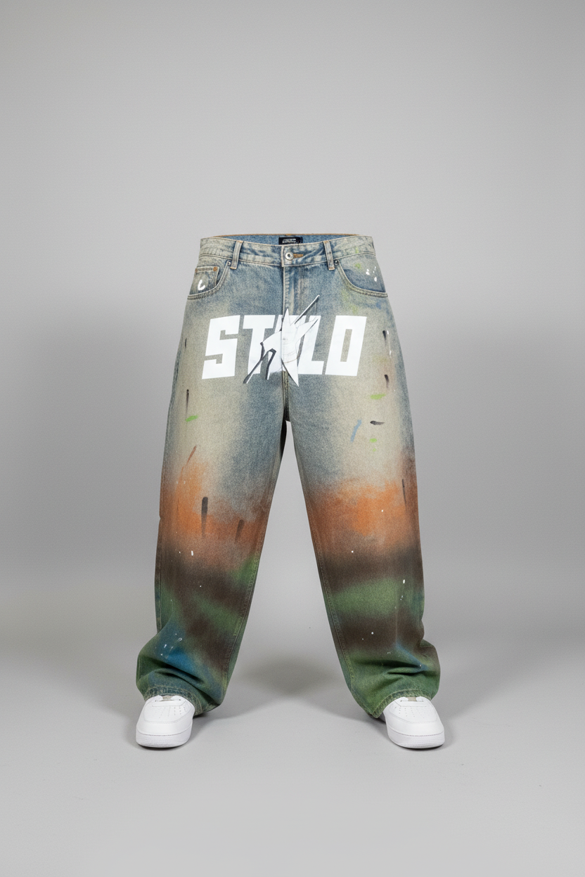 Stolo Clothing Co STARCHILD 1 Of 1 Hand Painted-Splatter Distressed Unisex Baggy Denim Jeans