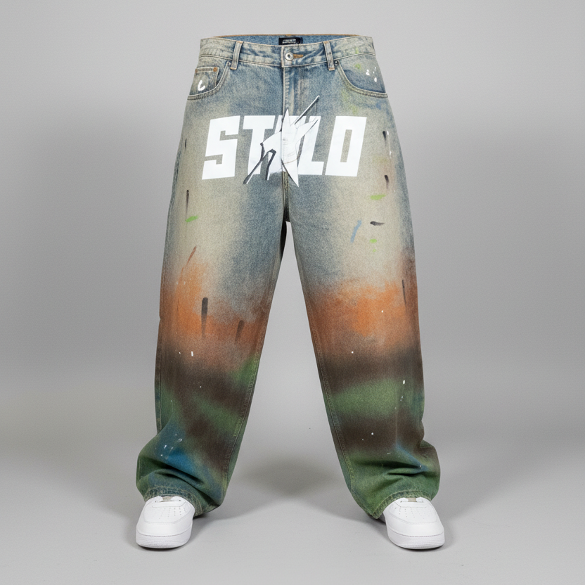 Stolo Clothing Co STARCHILD 1 Of 1 Hand Painted-Splatter Distressed Unisex Baggy Denim Jeans