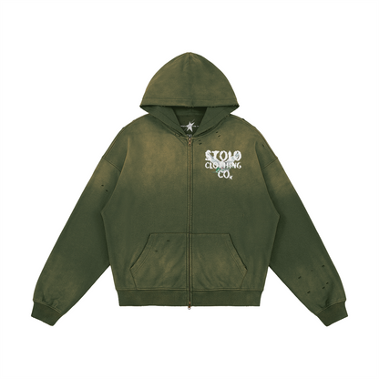 Limited Edition Stolo Clothing Co Birdies Mineral Green Sun Faded Hand Frayed Hoodie