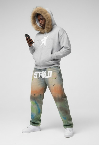 Stolo Clothing Co LOGO Grey Detectable Fur Double Zip-Up Hoodie（400GSM)