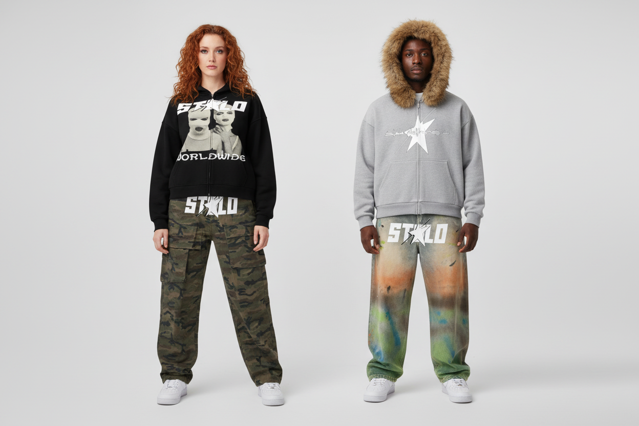 Stolo Clothing Co LOGO Grey Detectable Fur Double Zip-Up Hoodie（400GSM)