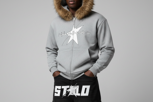 Stolo Clothing Co LOGO Grey Detectable Fur Double Zip-Up Hoodie（400GSM)