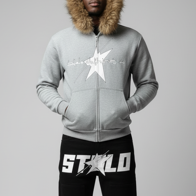 Stolo Clothing Co LOGO Grey Detectable Fur Double Zip-Up Hoodie（400GSM)