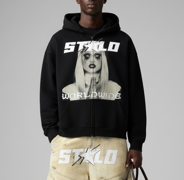 Stolo Clothing Co PREYING NUN Heavyweight Cropped Double Zip-Up Hoodie (460GSM)