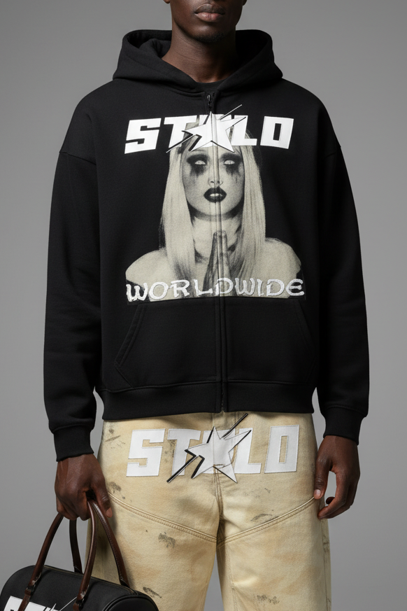 Stolo Clothing Co PREYING NUN Heavyweight Cropped Double Zip-Up Hoodie (460GSM)
