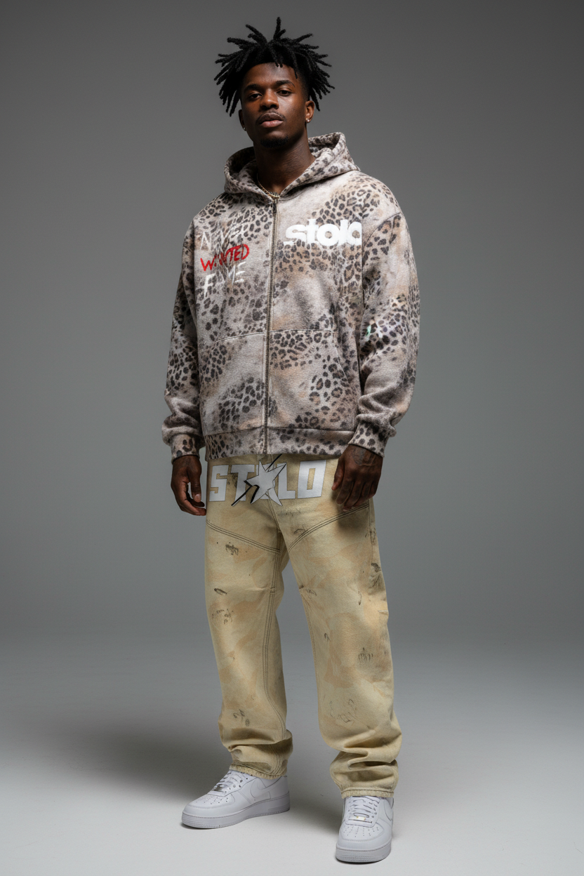 Stolo Clothing Co SKATE X R.T.K NEVER WANTED FAME Vintage Wash Leopard Full Zip Hoodie