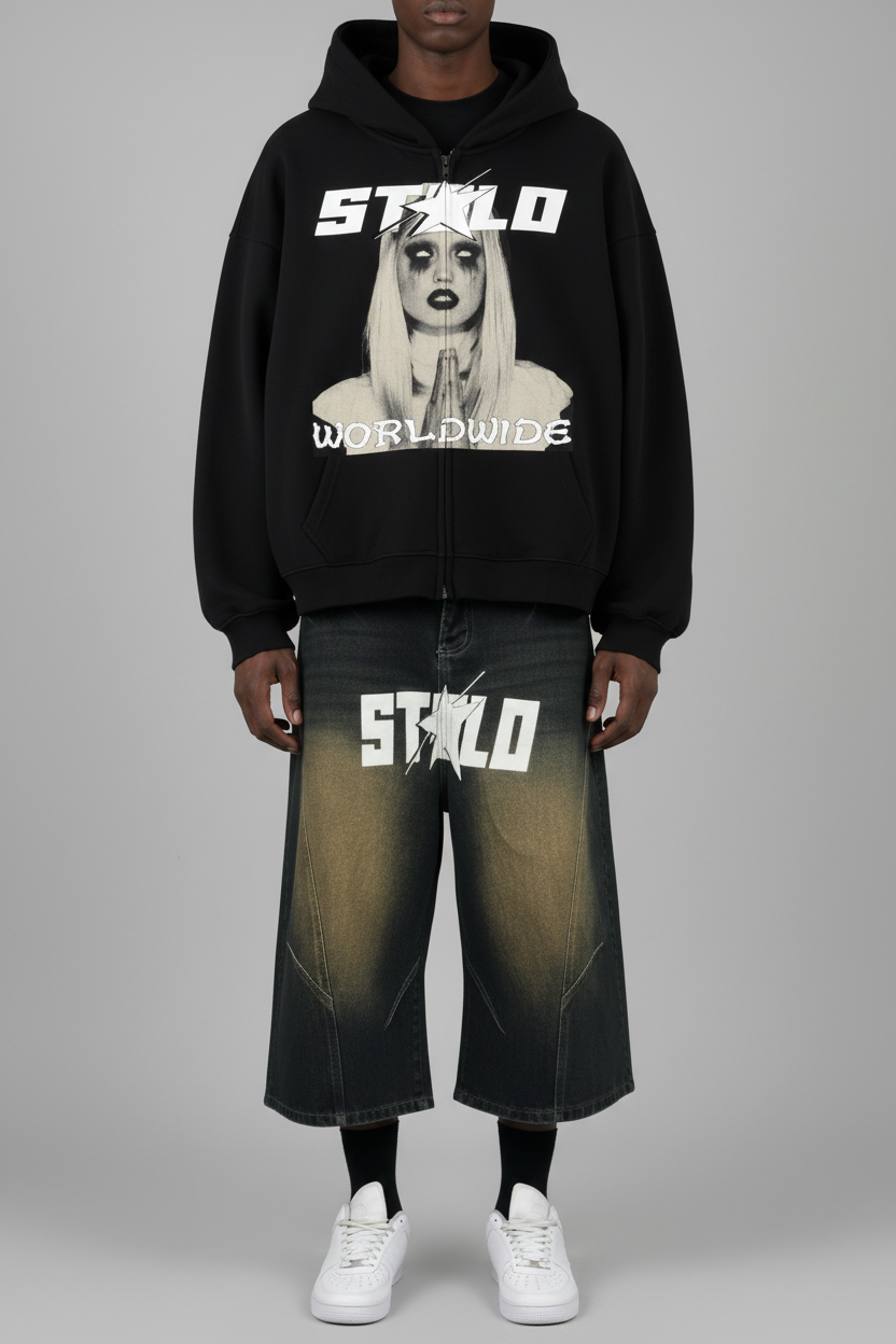 Stolo Clothing Co PREYING NUN Heavyweight Cropped Double Zip-Up Hoodie (460GSM)
