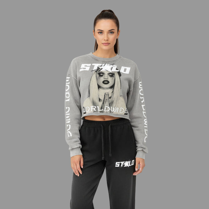 Stolo Clothing Co EVIL NUN X WORLD WIDE Washed Raw-Edge Cropped Heavyweight Tee