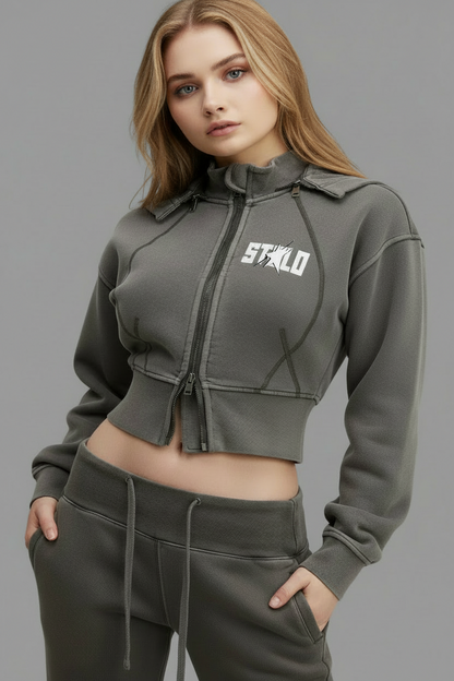 Stolo Clothing Co STARCHILD Vintage Washed Fleece Cropped Double Zip Up Detachable Hoodie