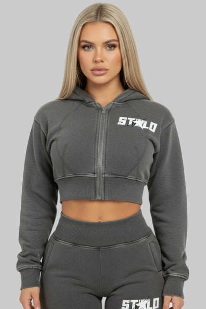 Stolo Clothing Co STARCHILD Vintage Washed Fleece Cropped Double Zip Up Detachable Hoodie